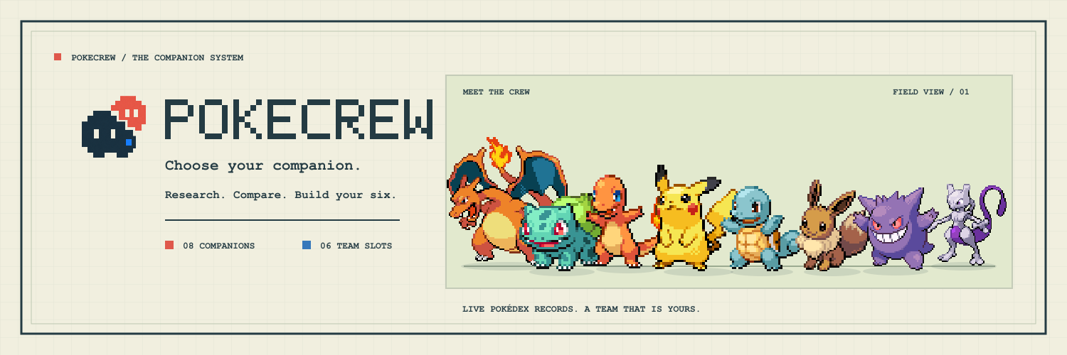 PokeCrew pixel banner with Pikachu, Bulbasaur, Charmander, Squirtle, Eevee, Gengar, Charizard and Mewtwo.